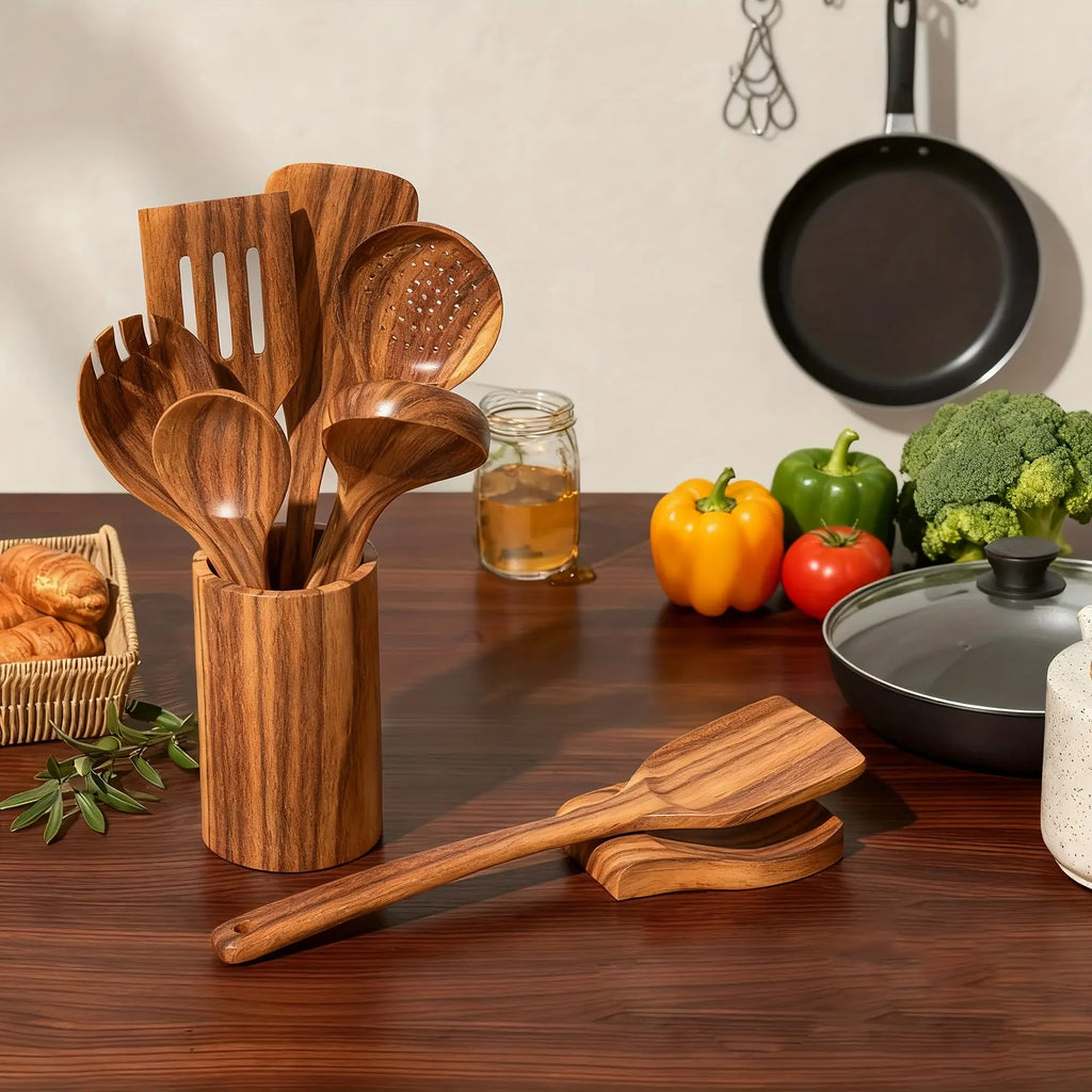 5-Piece Natural Teak Wooden Kitchen Utensil Set – Non-Stick Safe Cooking Tools
