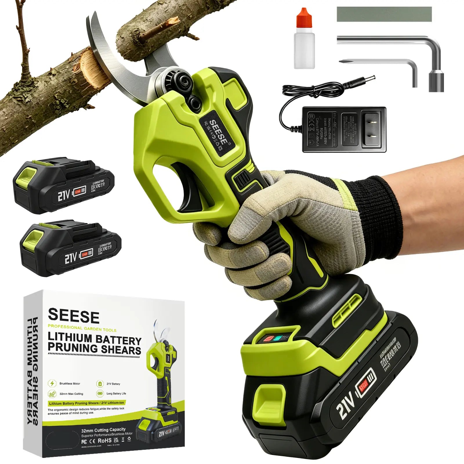 SEESE Electric Pruning Shears | Cordless Brushless | Dual 21V | 1.25 Inch Cut