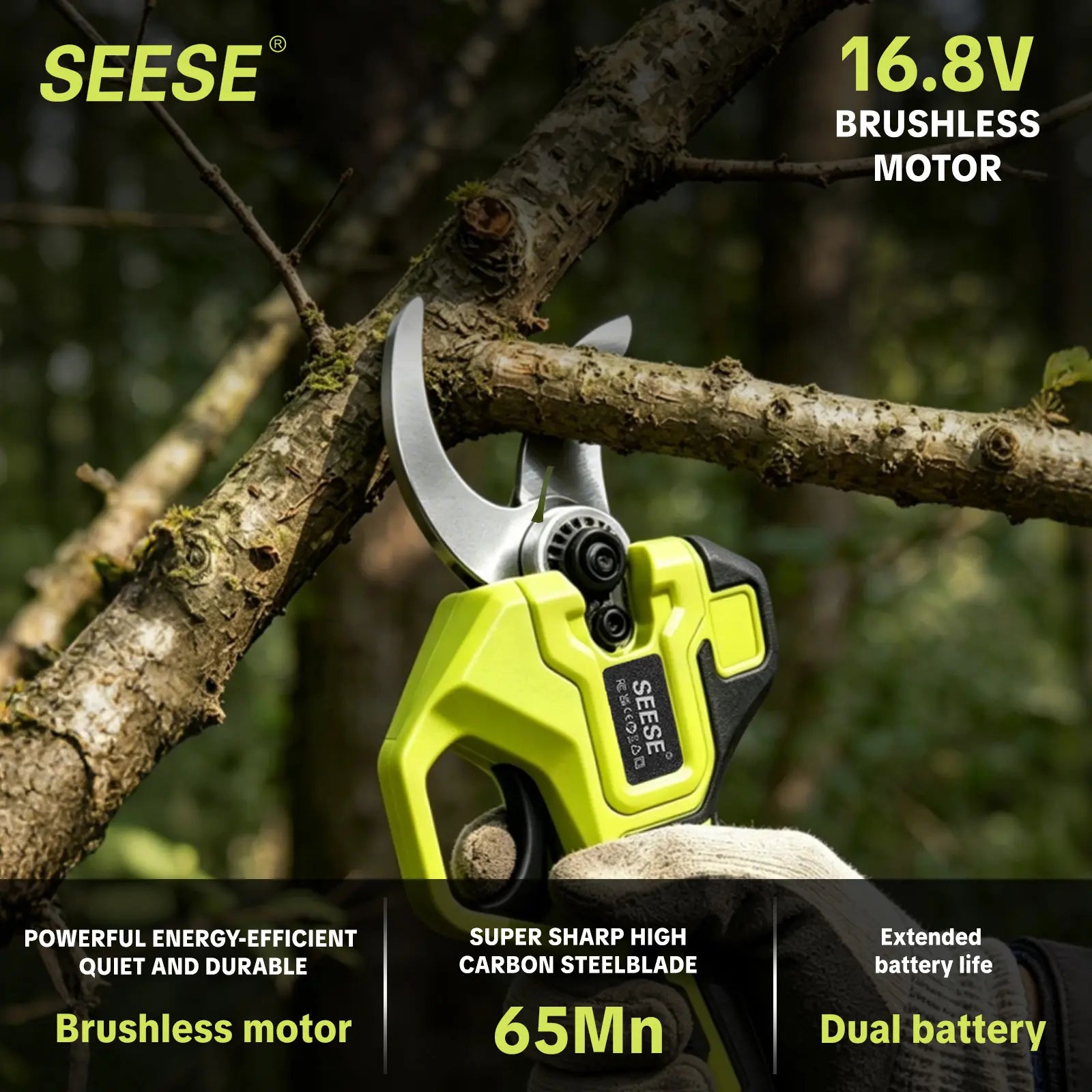 SEESE Electric Pruning Shears | Cordless Brushless | Dual 21V | 1.25 Inch Cut