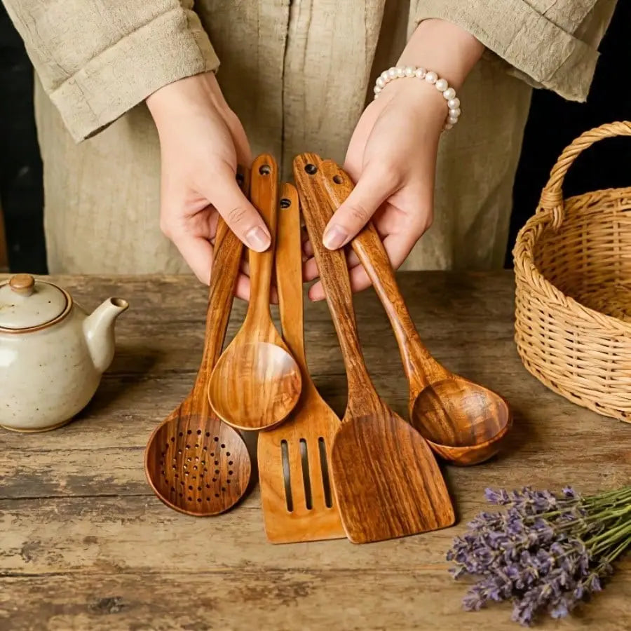 5-Piece Natural Teak Wooden Kitchen Utensil Set – Non-Stick Safe Cooking Tools