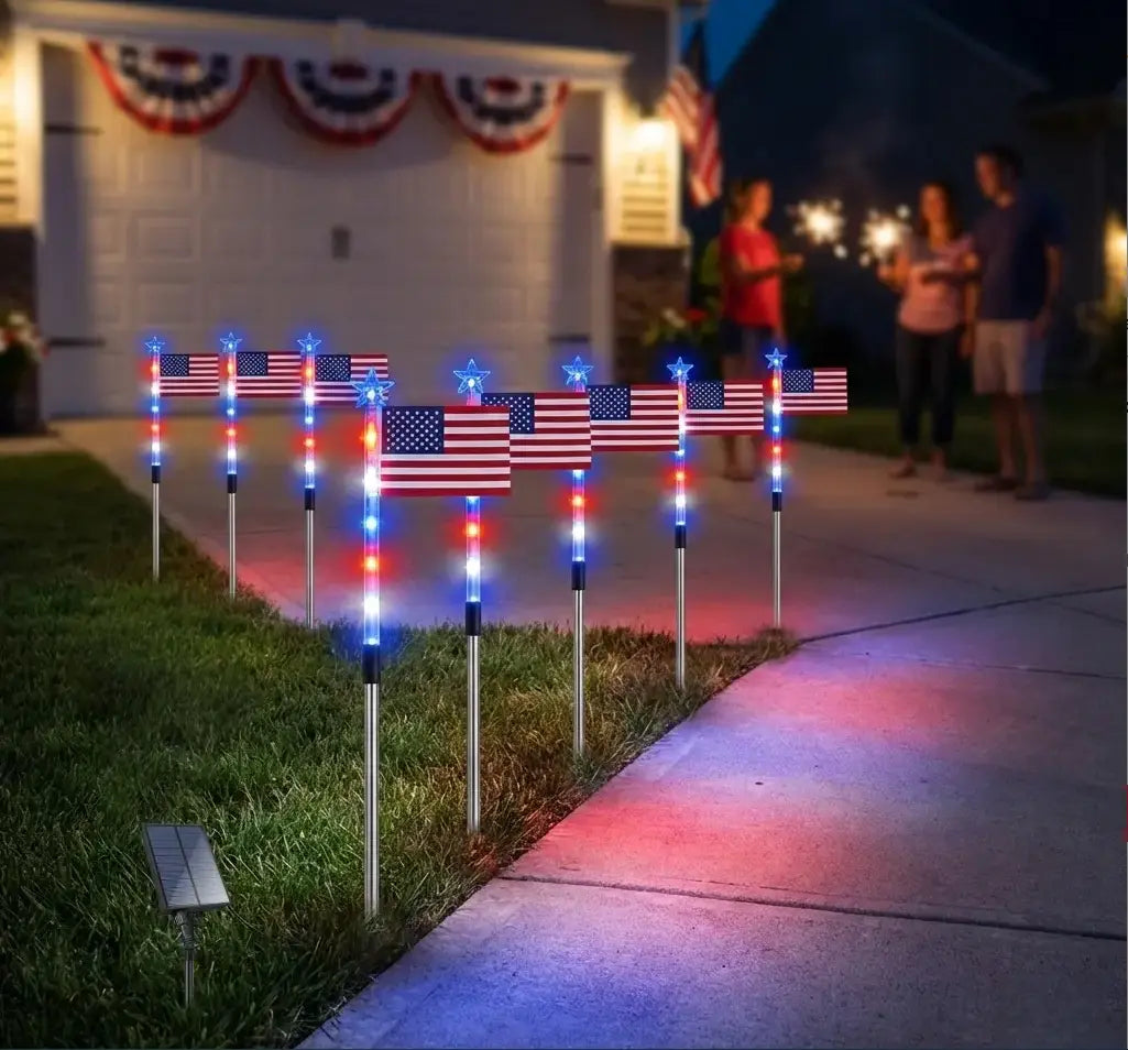 8-Piece Solar American Flag Pathway Lights – Patriotic Red, White & Blue Outdoor Garden Decor