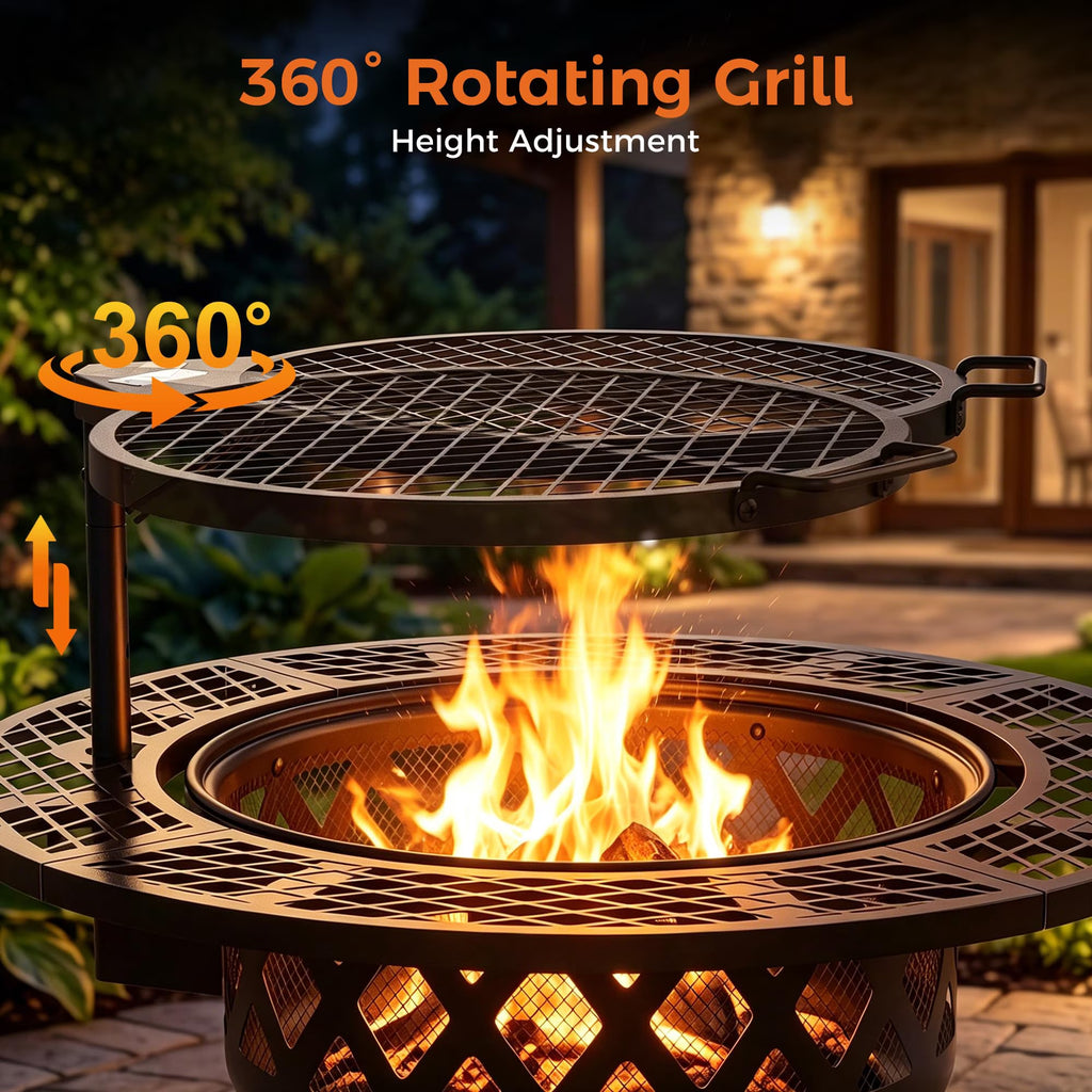 32-Inch Outdoor Wood Burning Fire Pit with BBQ Grill Grate & Poker
