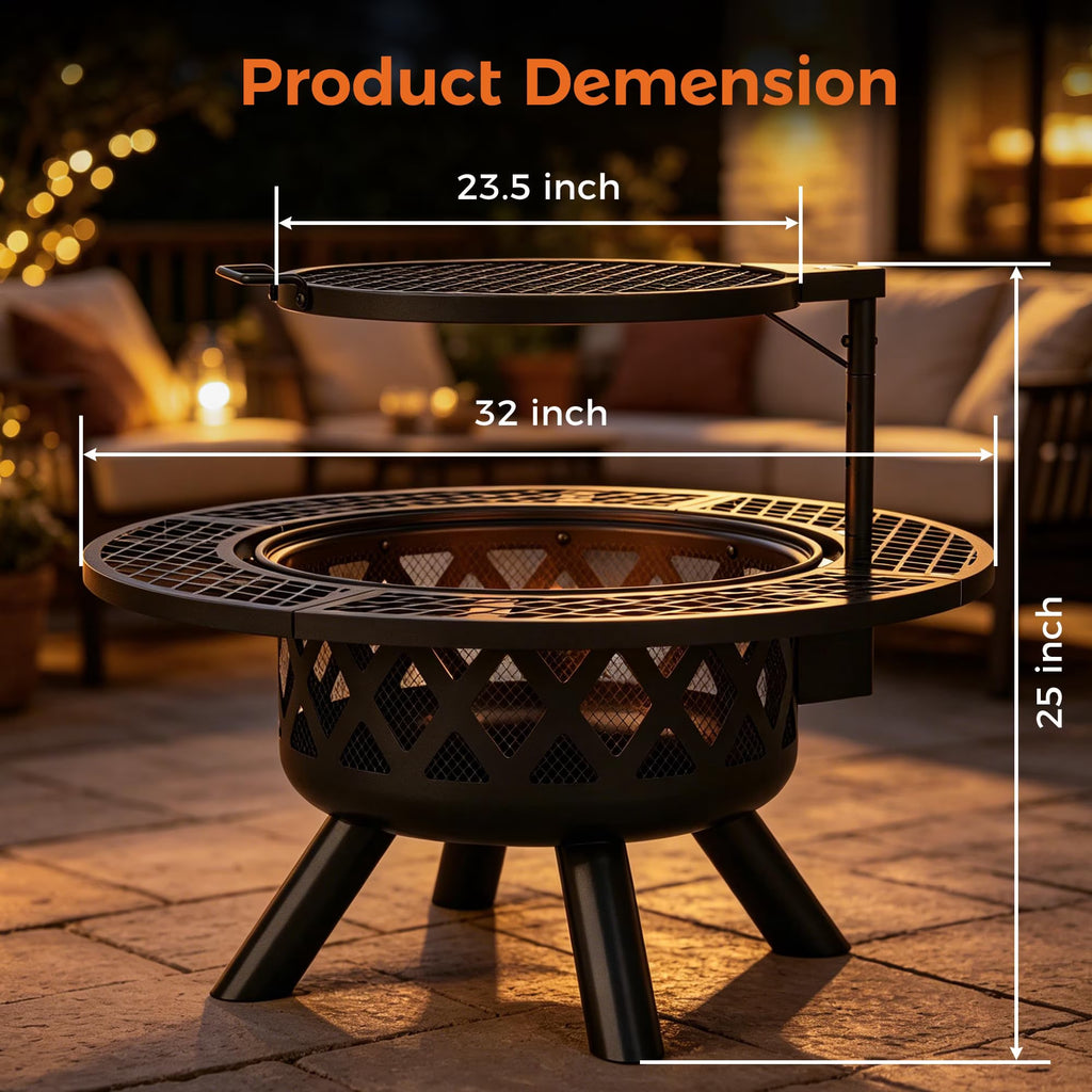 32-Inch Outdoor Wood Burning Fire Pit with BBQ Grill Grate & Poker