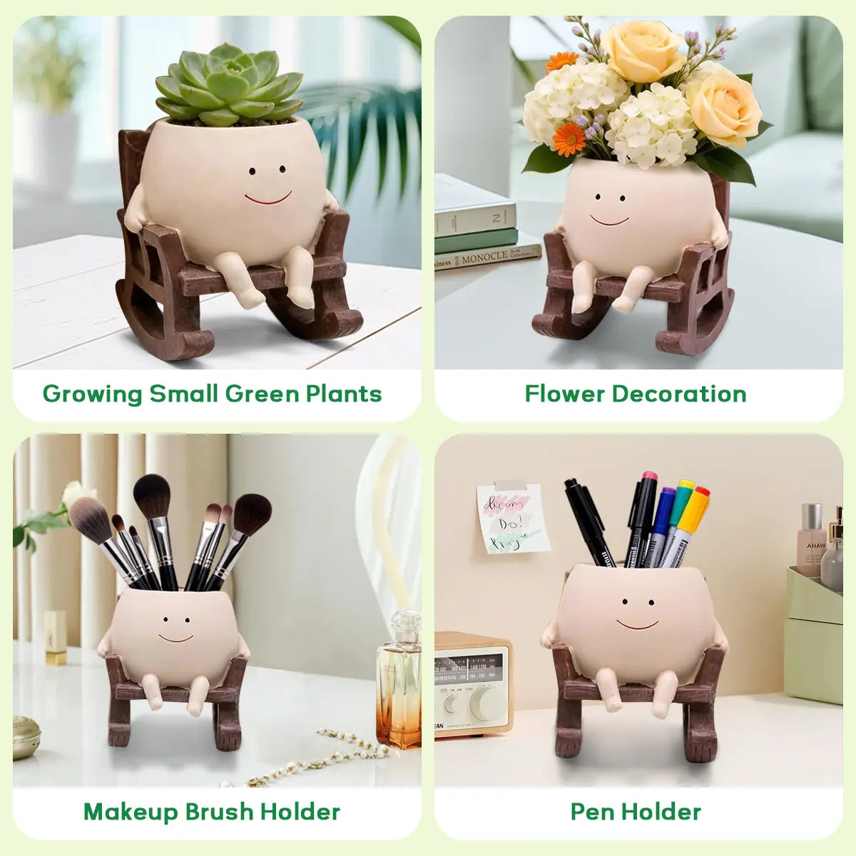 Smiley Face Rocking Chair Planter Pot – Cute Resin Succulent Planter with Drainage Hole