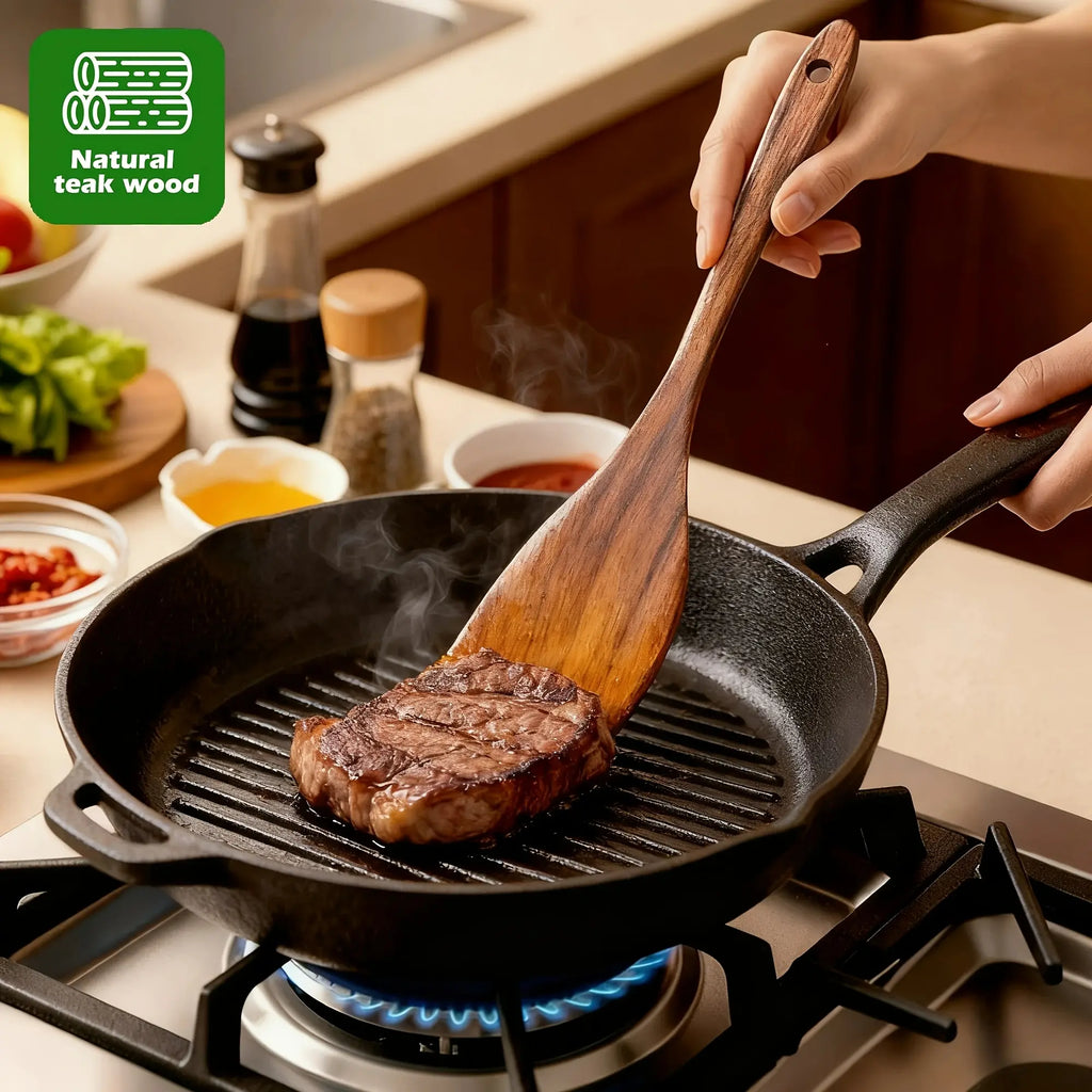 5-Piece Natural Teak Wooden Kitchen Utensil Set – Non-Stick Safe Cooking Tools