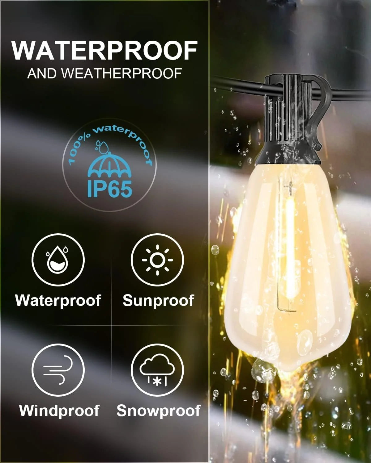 100FT Outdoor Patio String Lights with Shatterproof Edison Bulbs — 2700K Warm White