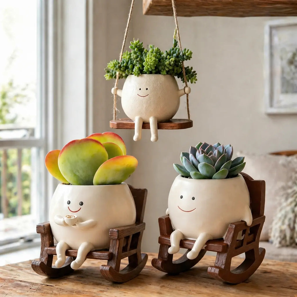 Smiley Face Rocking Chair Planter Pot – Cute Resin Succulent Planter with Drainage Hole