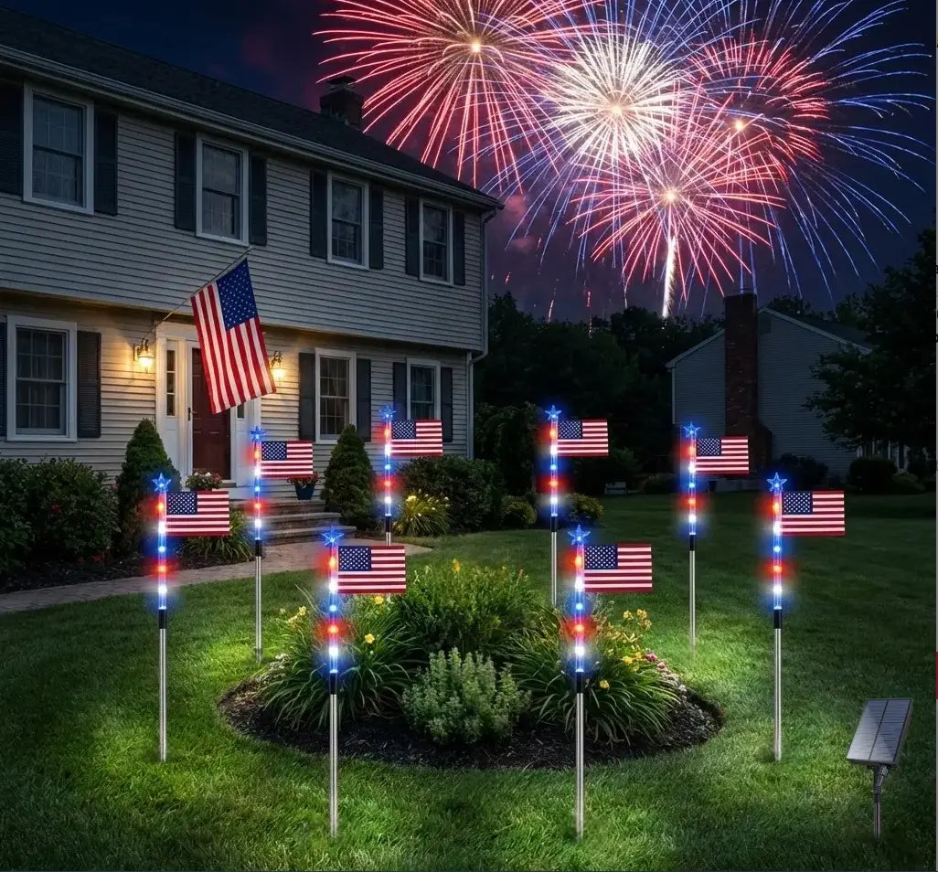 8-Piece Solar American Flag Pathway Lights – Patriotic Red, White & Blue Outdoor Garden Decor