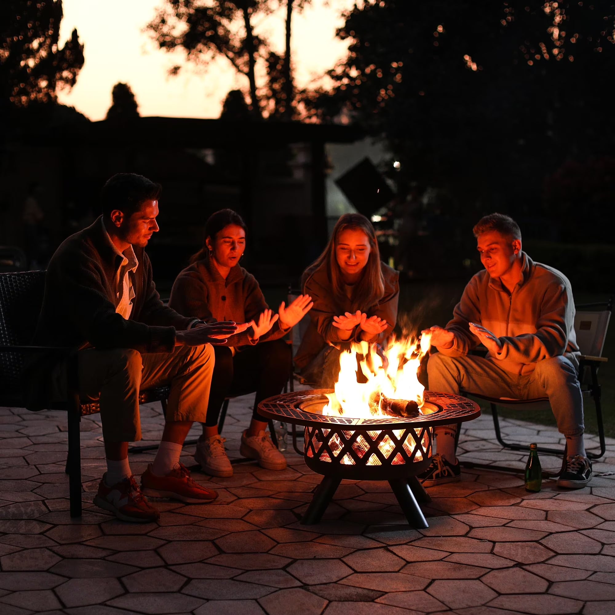 32-Inch Outdoor Wood Burning Fire Pit with BBQ Grill Grate & Poker