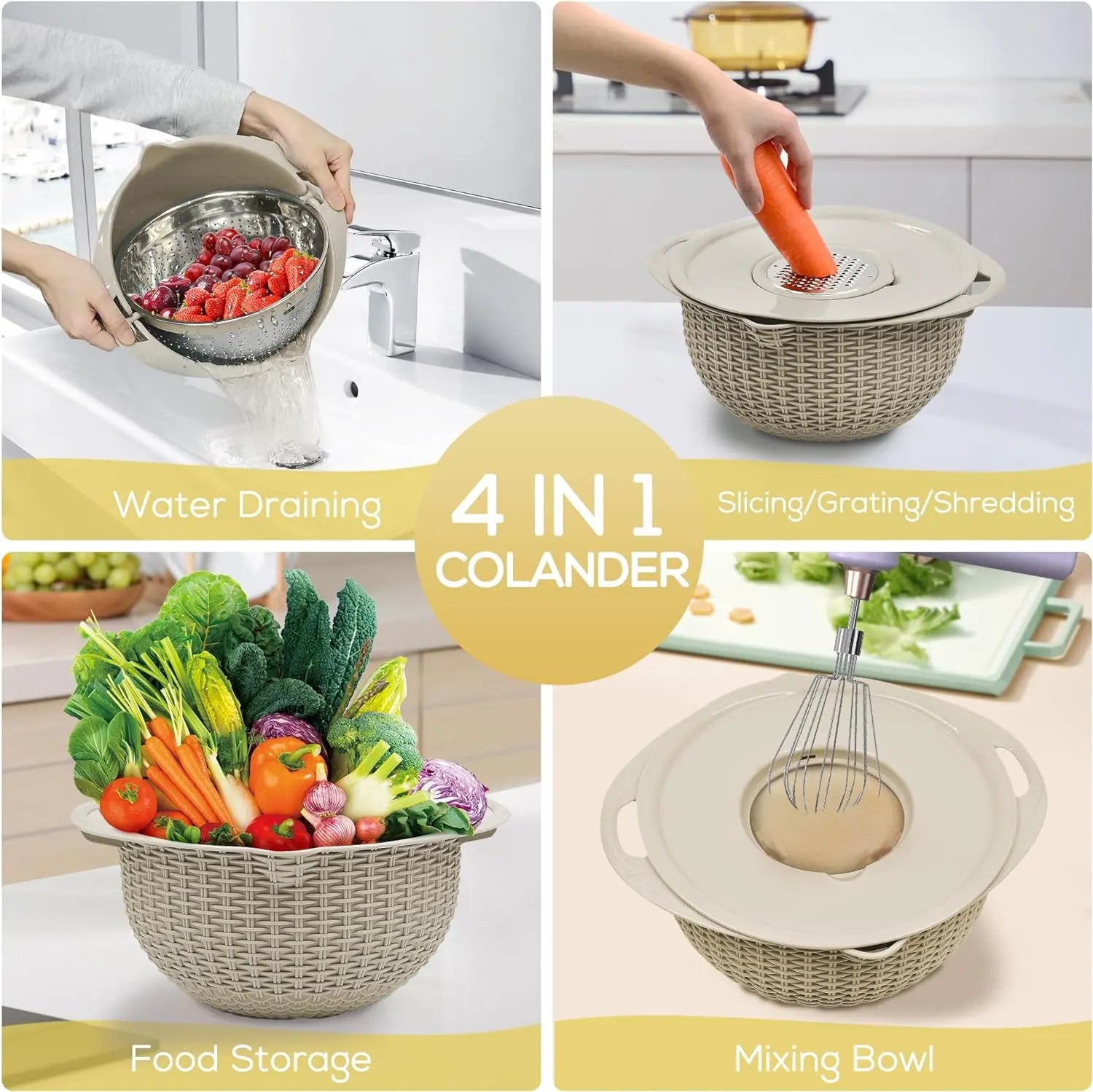 4-in-1 Colander & Mixing Bowl Set – Kitchen Strainer, Food Prep Bowl & Grater