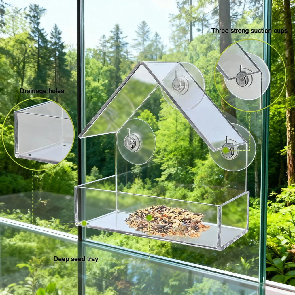 Window Bird Feeder with Suction Cups – Clear Acrylic Bird Feeder for Window, Outdoor Bird Feeder House for Garden Backyard, Bird Watching Gift for Bird Lovers, Transparent Bird Feeder Outside Hanging