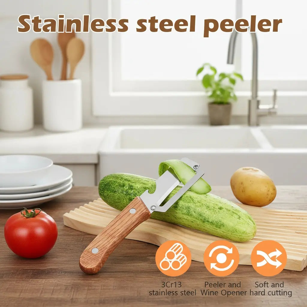 Premium Fruit & Vegetable Peeler – Stainless Steel Blade with Wooden Handle & Bottle Opener