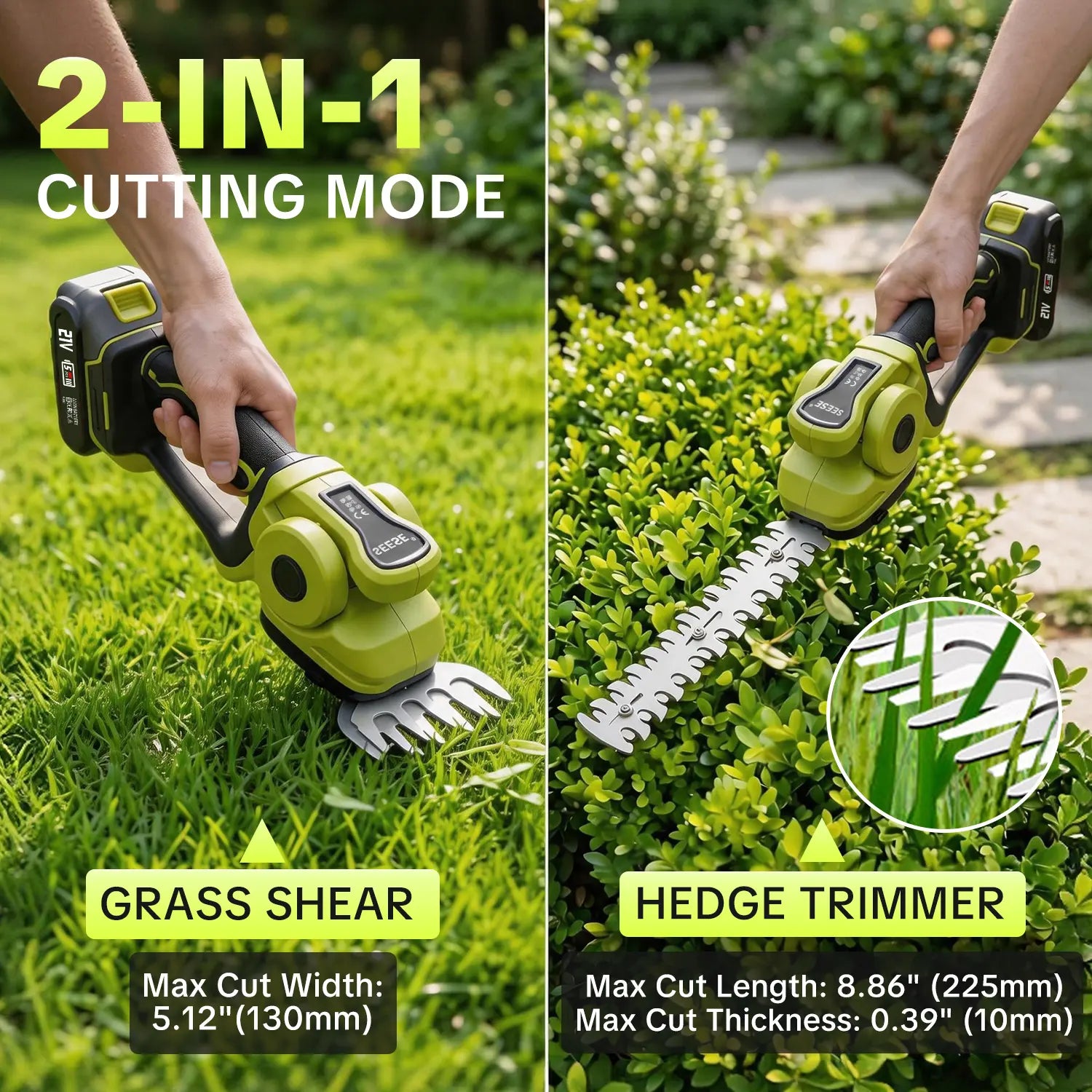 SEESE 2-in-1 Cordless Grass Shear & Shrub Trimmer | Handheld Electric Hedge Trimmer | Dual 21V Battery | Lightweight for Lawn, Garden & Yard