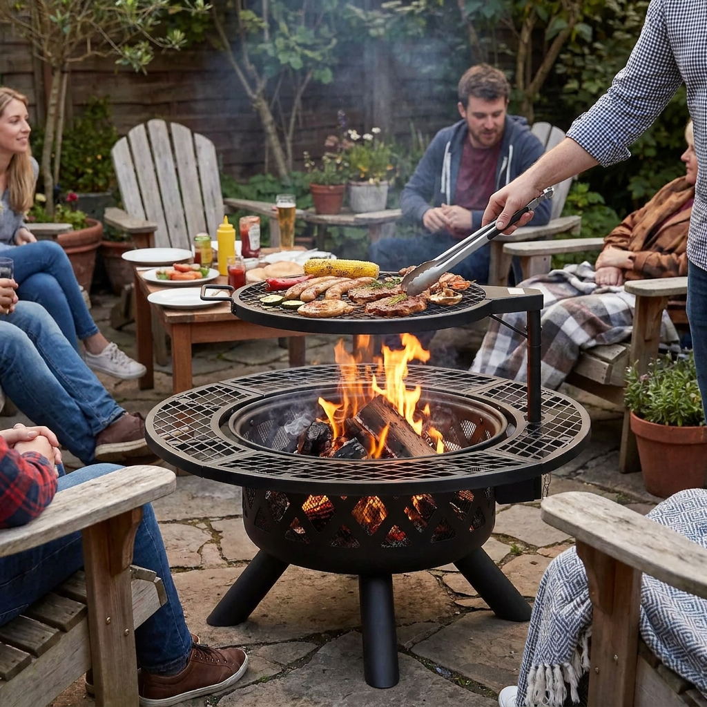 32-Inch Outdoor Wood Burning Fire Pit with BBQ Grill Grate & Poker