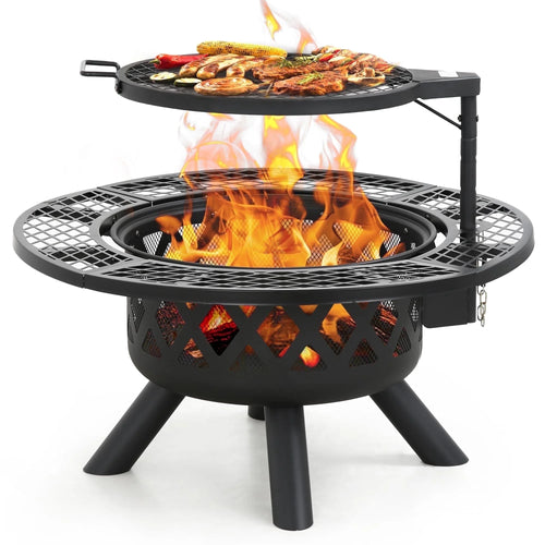 32-Inch Outdoor Wood Burning Fire Pit with BBQ Grill Grate & Poker