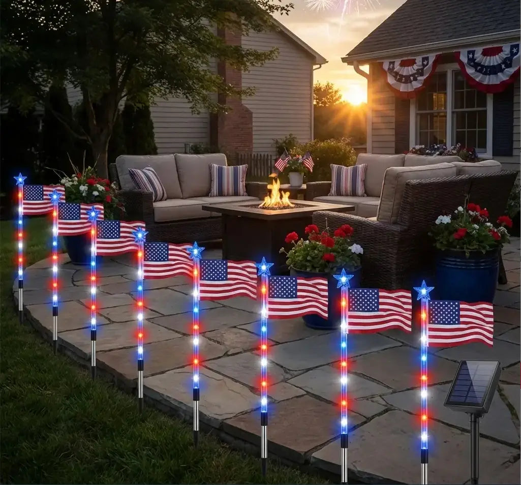 8-Piece Solar American Flag Pathway Lights – Patriotic Red, White & Blue Outdoor Garden Decor