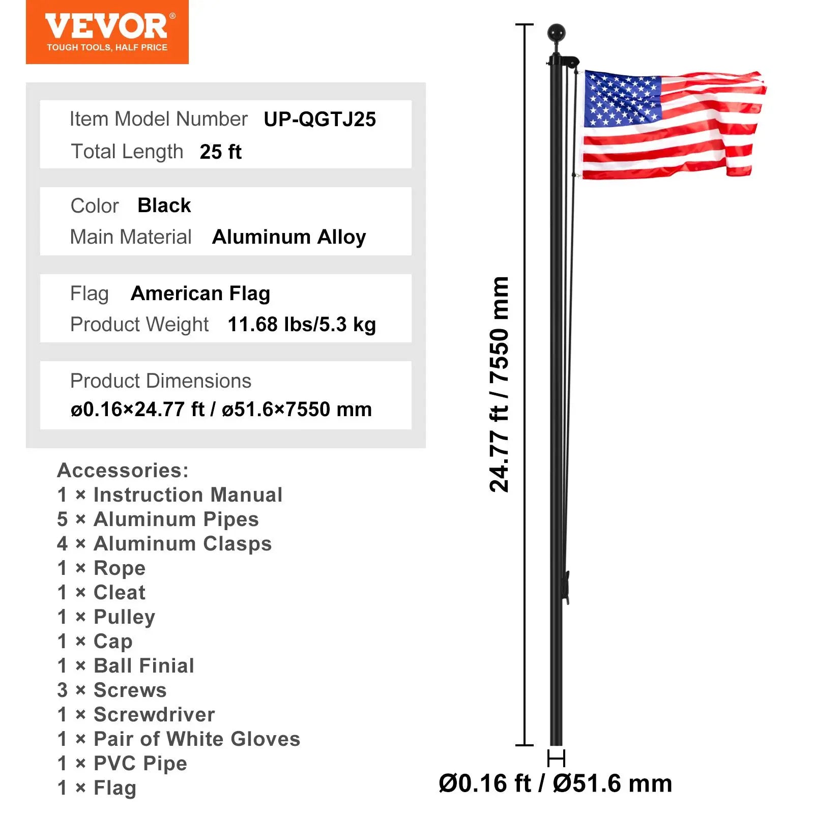 Heavy-Duty Aluminum Flagpole Kit – Weather-Resistant Outdoor Flagpole with Easy Installation