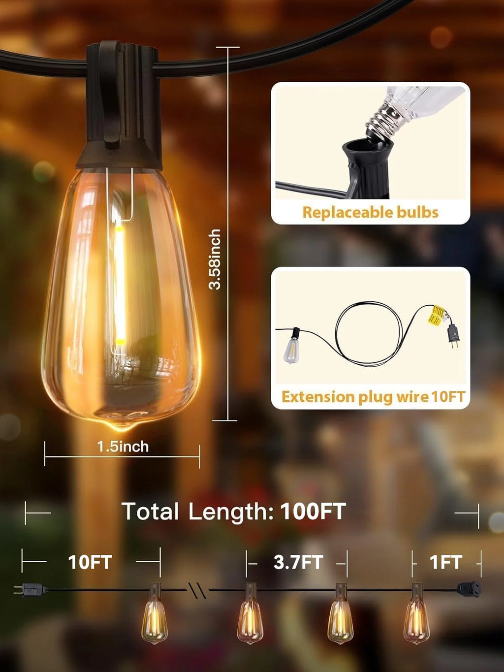 100FT Outdoor Patio String Lights with Shatterproof Edison Bulbs — 2700K Warm White