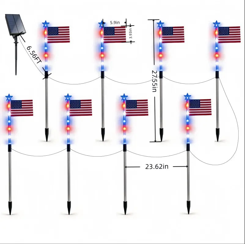 8-Piece Solar American Flag Pathway Lights – Patriotic Red, White & Blue Outdoor Garden Decor