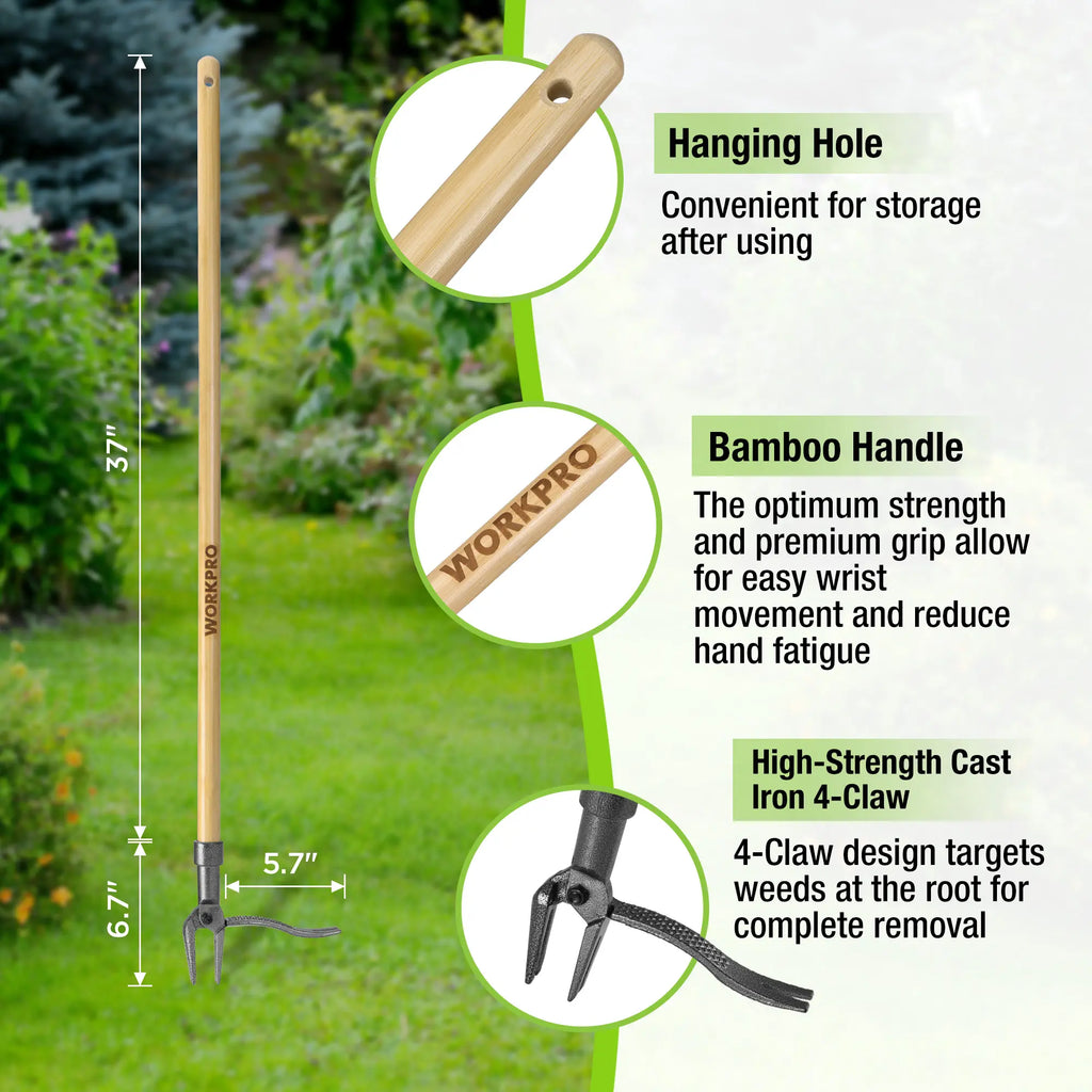 Grampa's Weeder – Original Stand-Up Weed Puller Tool | Long Bamboo Handle | 4-Claw Steel Head | Ergonomic No-Bend Garden Weeding Tool