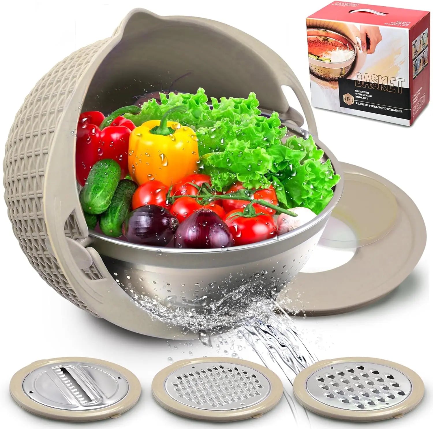 4-in-1 Colander & Mixing Bowl Set – Kitchen Strainer, Food Prep Bowl & Grater