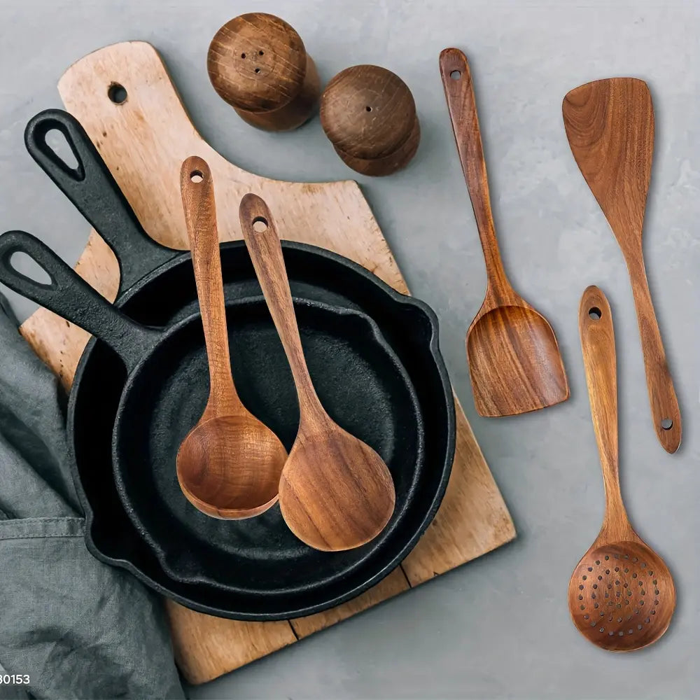 5-Piece Natural Teak Wooden Kitchen Utensil Set – Non-Stick Safe Cooking Tools