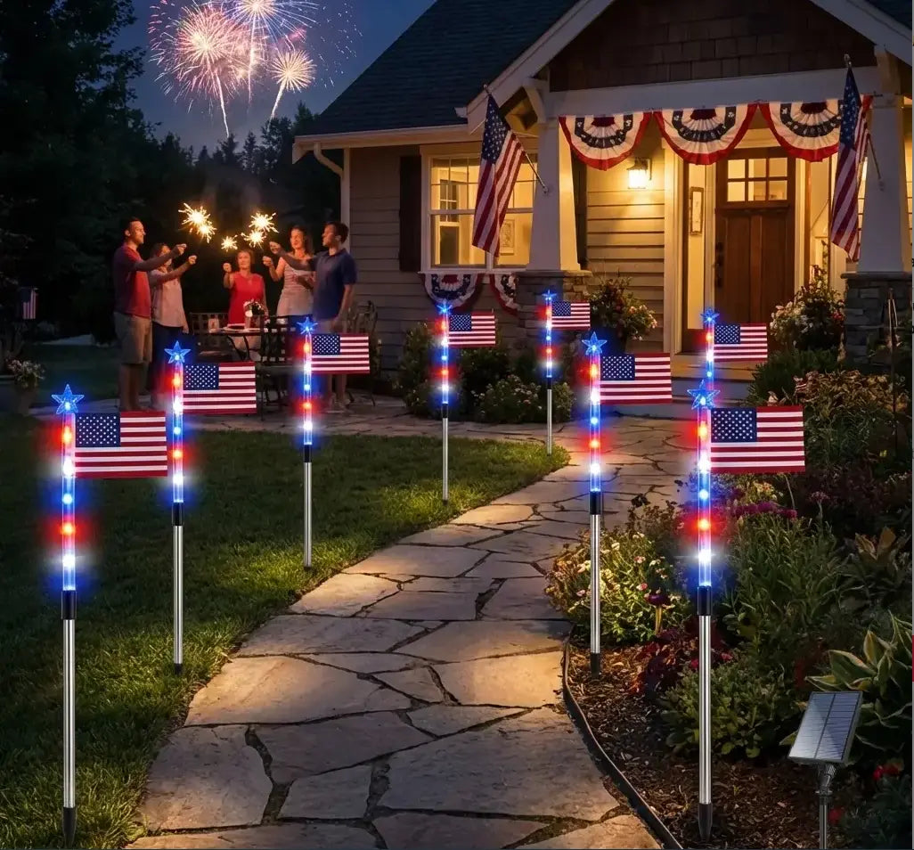 8-Piece Solar American Flag Pathway Lights – Patriotic Red, White & Blue Outdoor Garden Decor