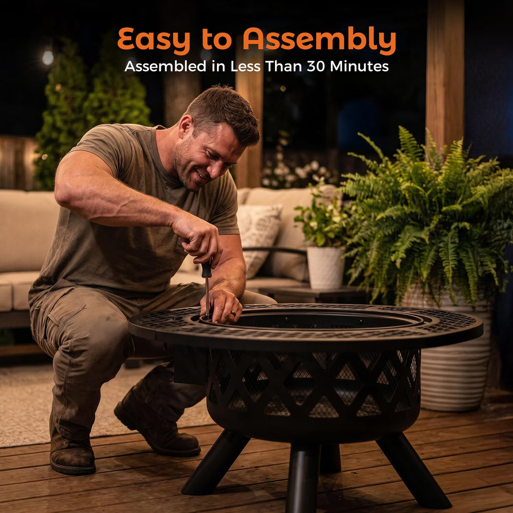 32-Inch Outdoor Wood Burning Fire Pit with BBQ Grill Grate & Poker