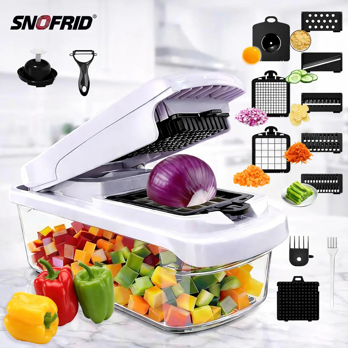 15-in-1 Multifunction Vegetable Chopper – Food Cutter with 8 Blades & Container