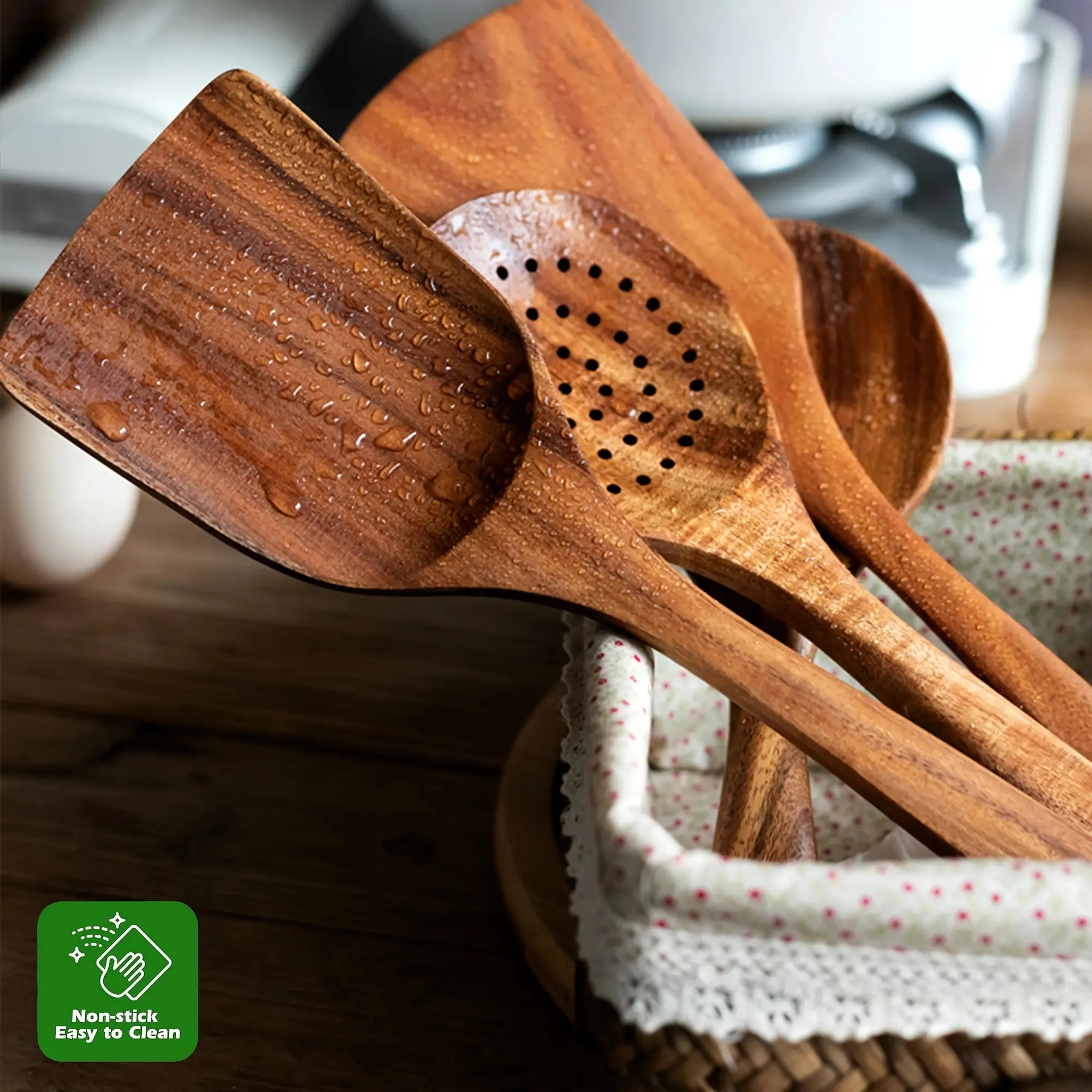 5-Piece Natural Teak Wooden Kitchen Utensil Set – Non-Stick Safe Cooking Tools