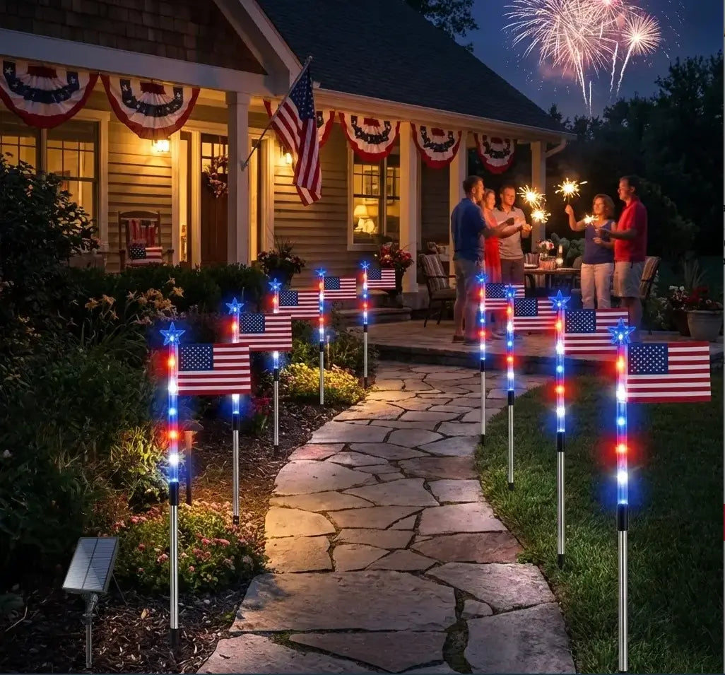 8-Piece Solar American Flag Pathway Lights – Patriotic Red, White & Blue Outdoor Garden Decor