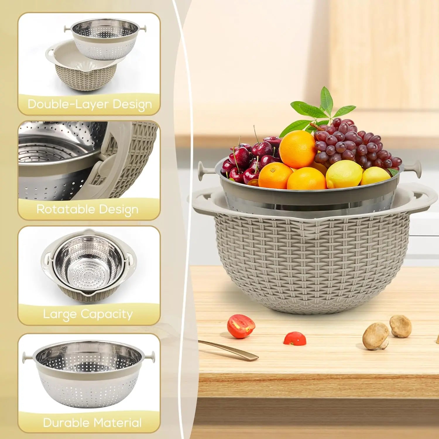 4-in-1 Colander & Mixing Bowl Set – Kitchen Strainer, Food Prep Bowl & Grater