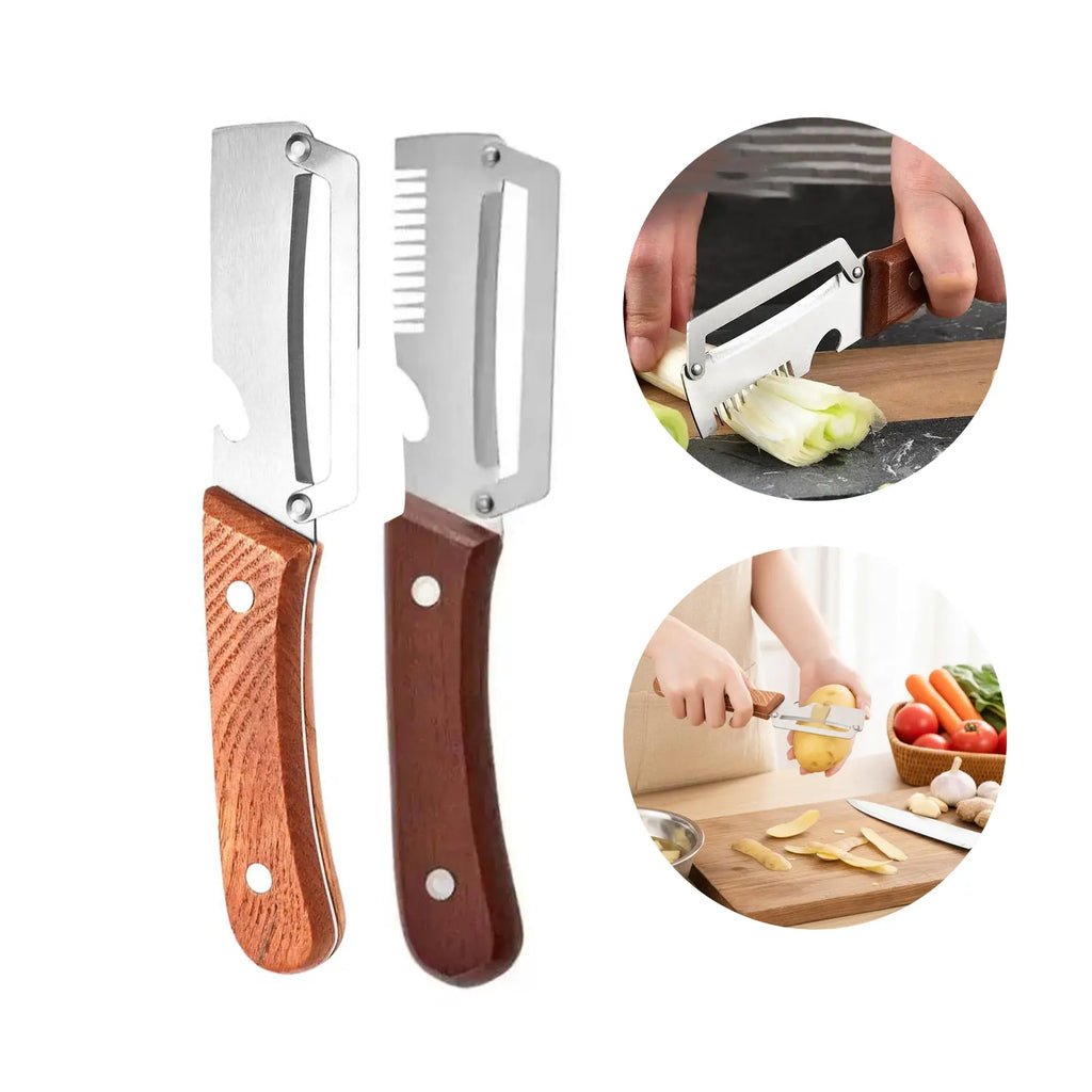 Premium Fruit & Vegetable Peeler – Stainless Steel Blade with Wooden Handle & Bottle Opener
