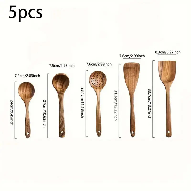 5-Piece Natural Teak Wooden Kitchen Utensil Set – Non-Stick Safe Cooking Tools