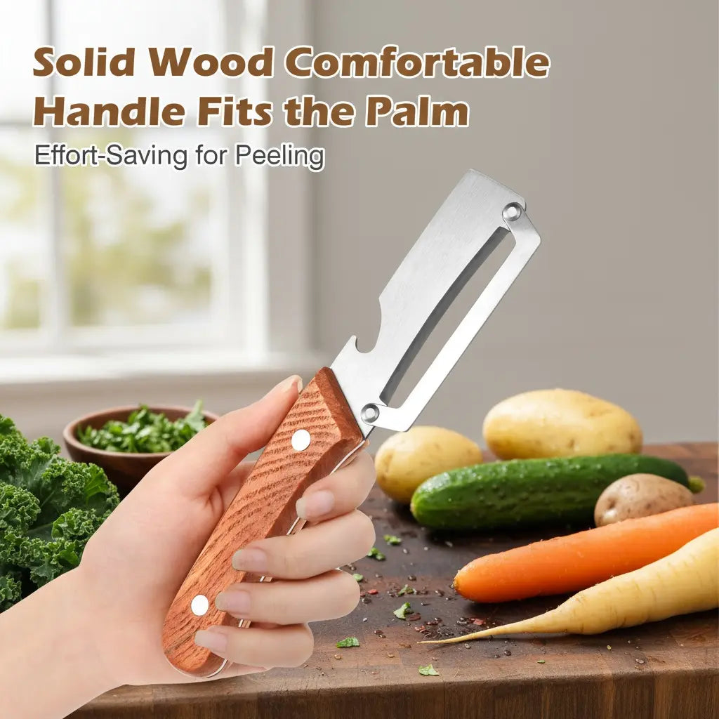 Premium Fruit & Vegetable Peeler – Stainless Steel Blade with Wooden Handle & Bottle Opener