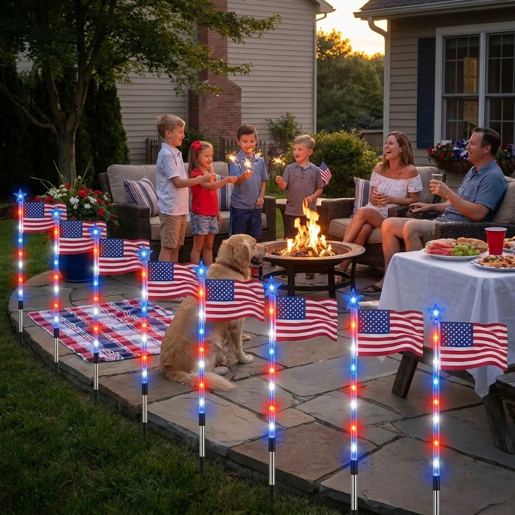 8-Piece Solar American Flag Pathway Lights in use