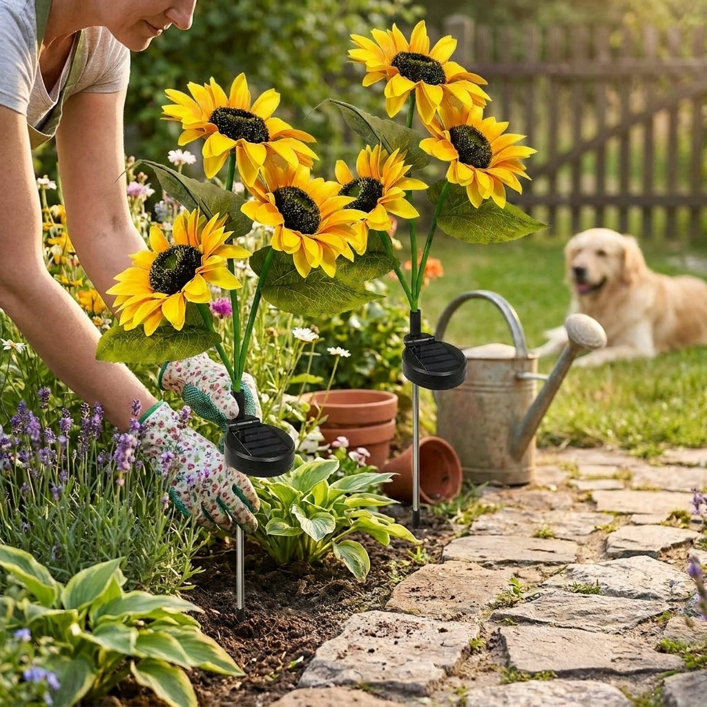 Solar LED Sunflower Garden Lights in use