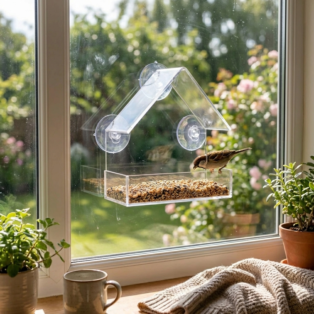 Window Bird Feeder with a bird feeding, in use