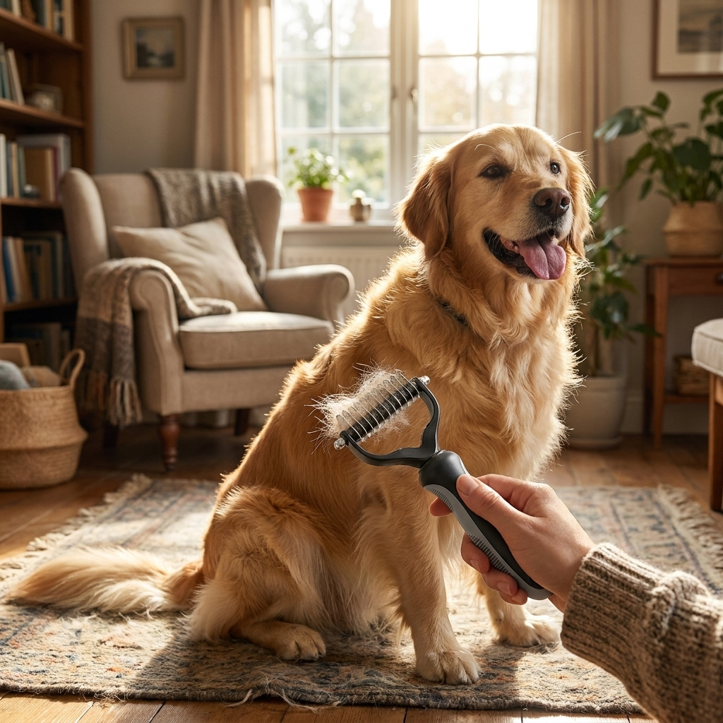 Double-Sided Pet Dematting Brush grooming a dog